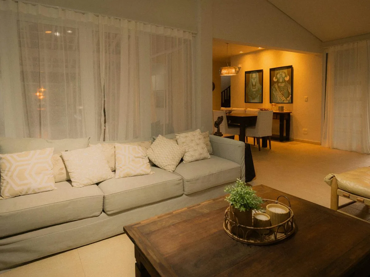 A living room with ambient lighting